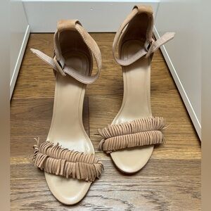 ❌SOLD - JOIE Pippi Tan Suede Fringe Trim Ankle Strap Heels Sandals